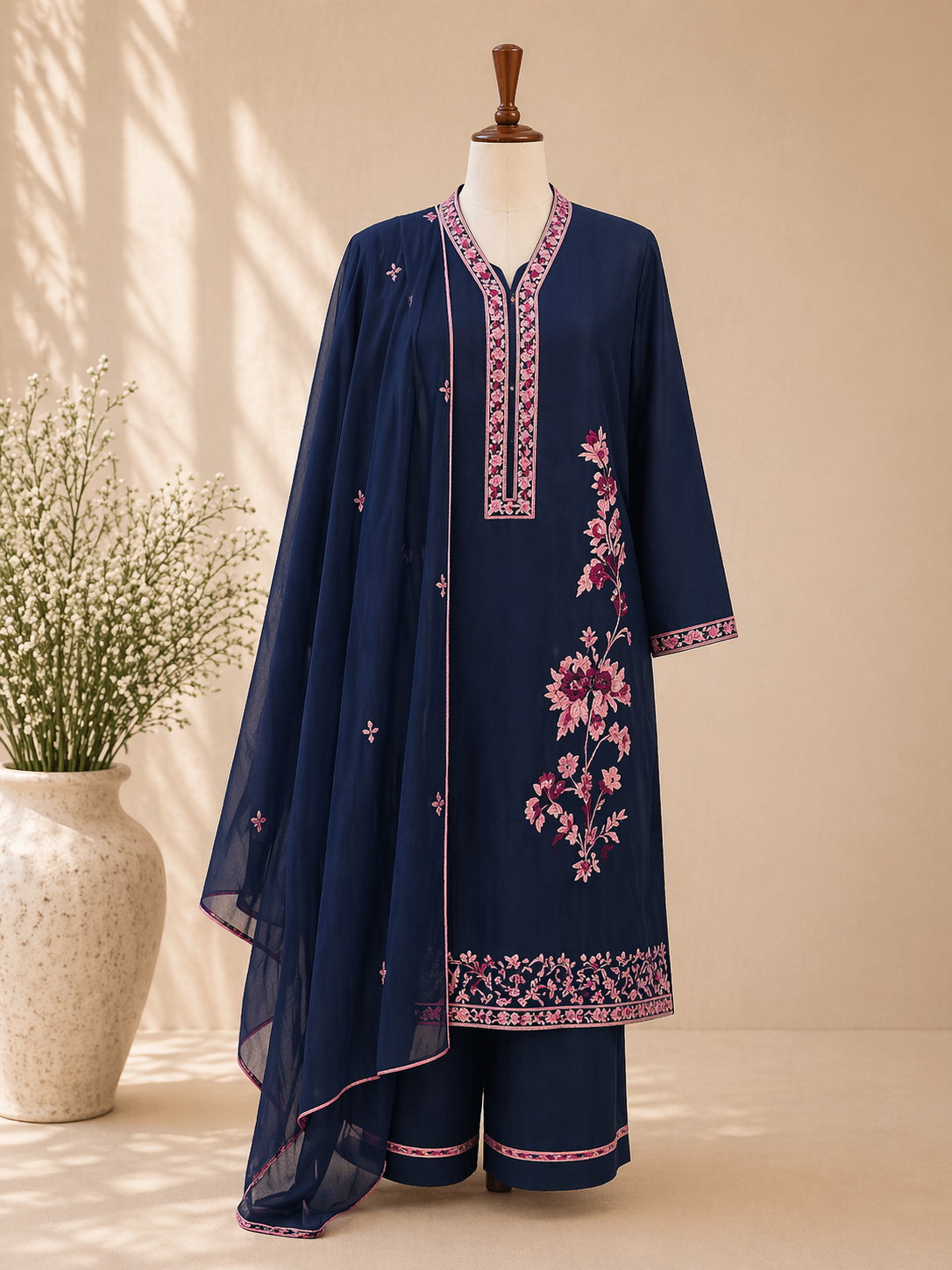 Noor Navy Embroidered Suit Set