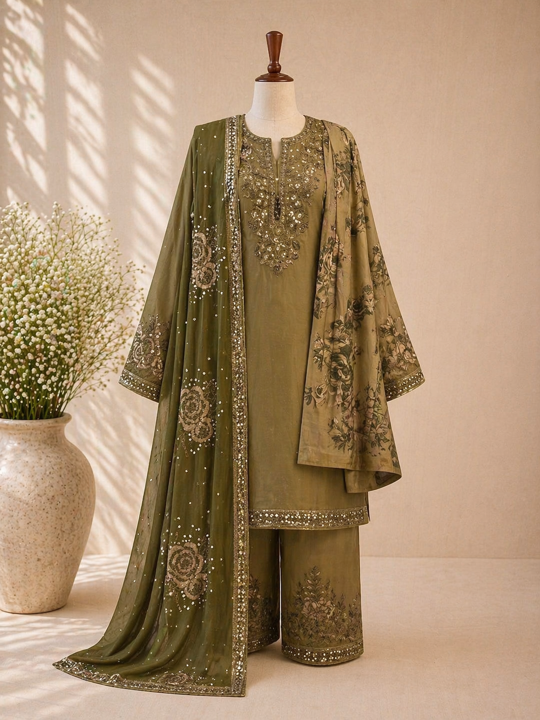 Olive Noor Embellished Suit Set