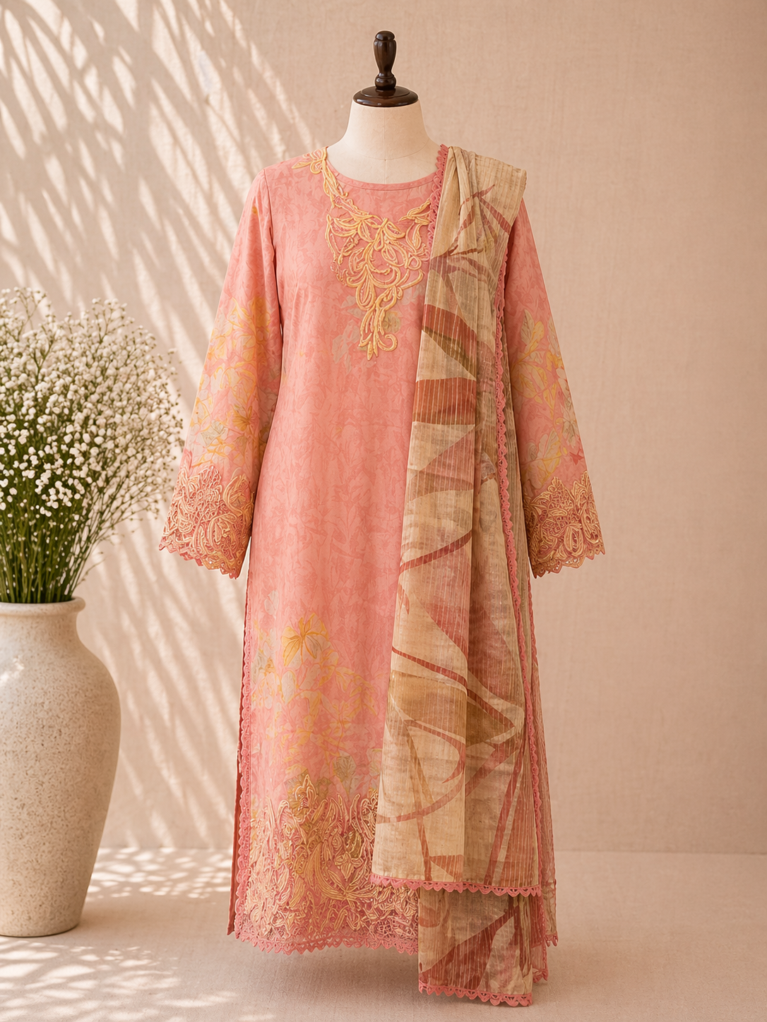 Peach Noor Embroidered Suit Set