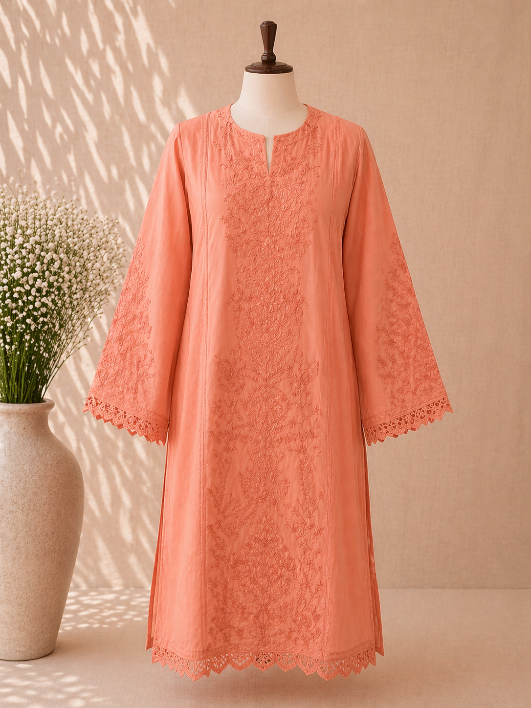 Coral Embroidered Kameez
