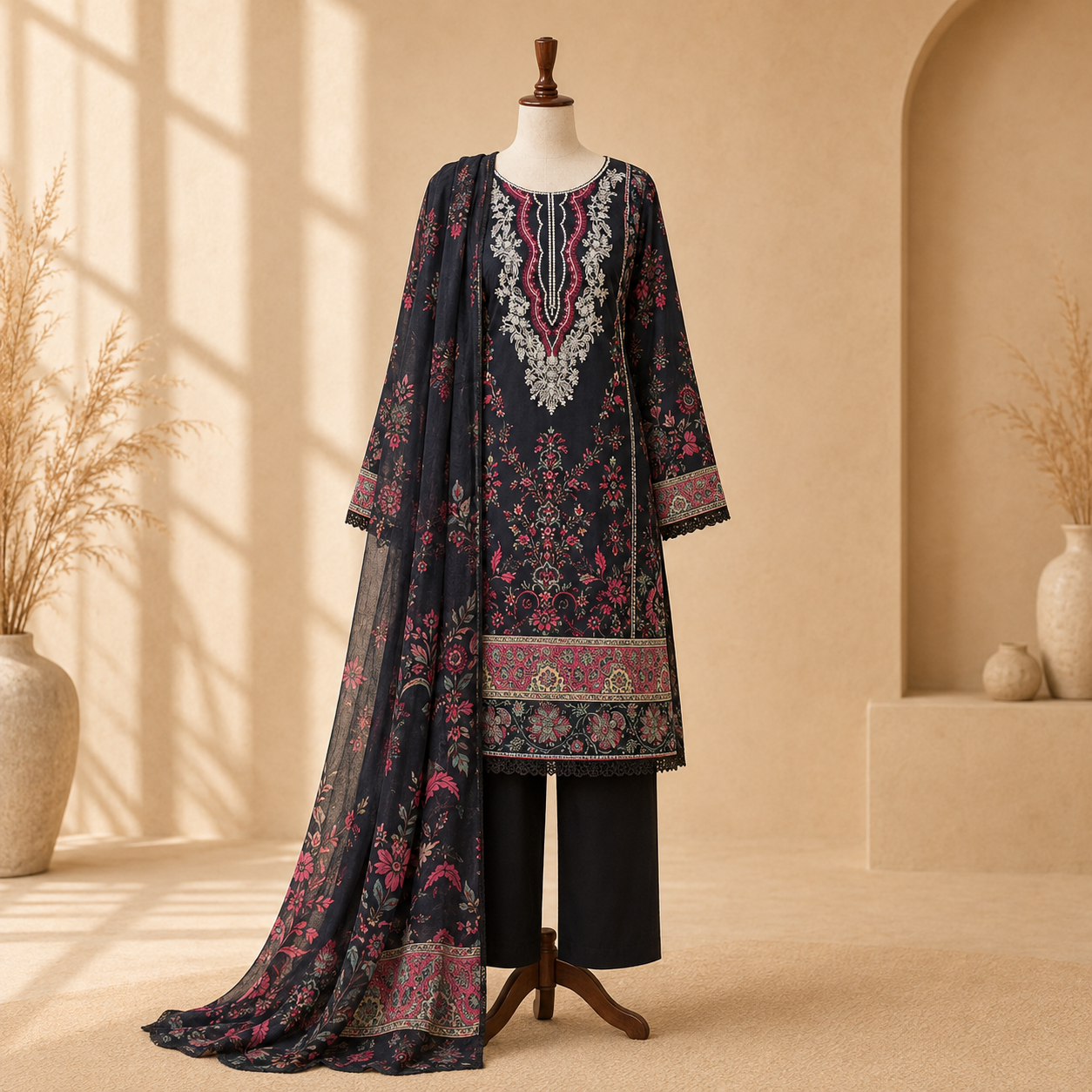 Midnight Rose Embroidered 3-Piece Suit Set