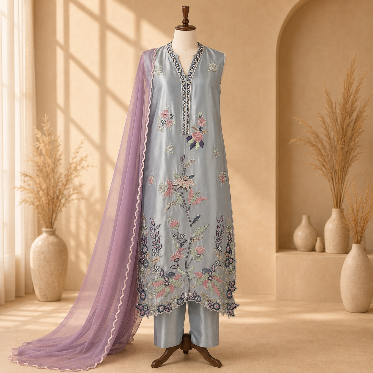 Silver Lilac Garden Embroidered 3-Piece Suit Set