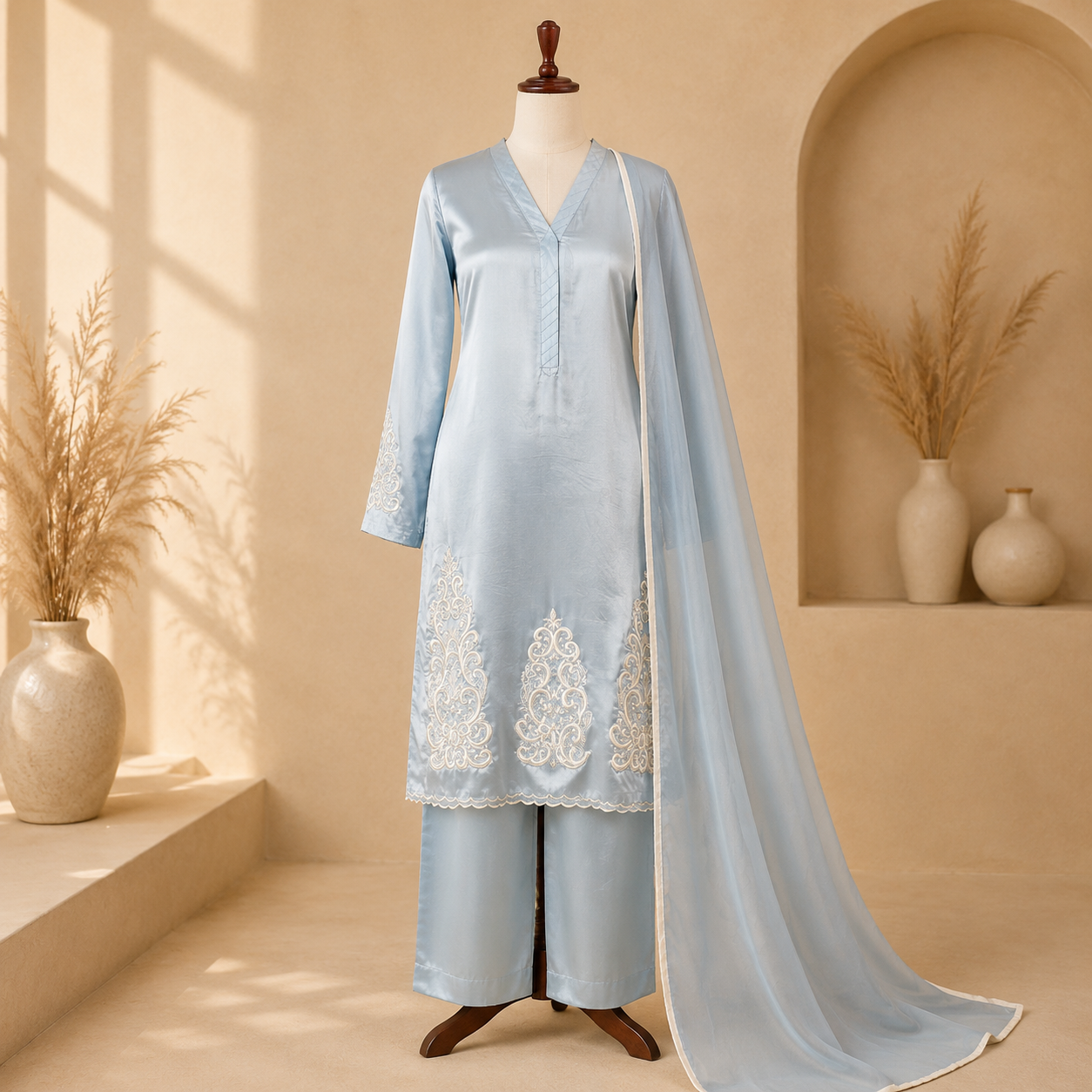 Ice Blue Amira Embroidered 3-Piece Suit Set