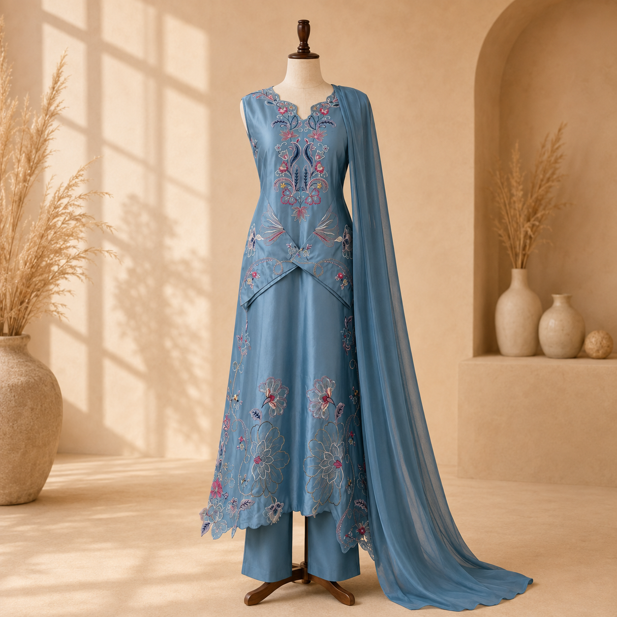 Teal Blossom Embroidered 3-Piece Suit Set