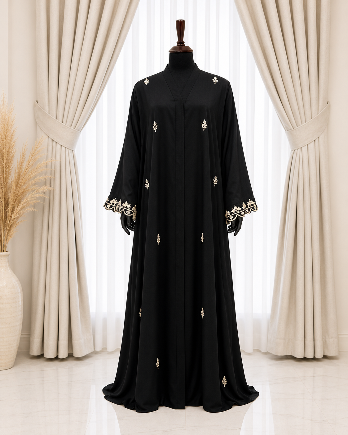 Noir Leaf Embroidered Abaya Set