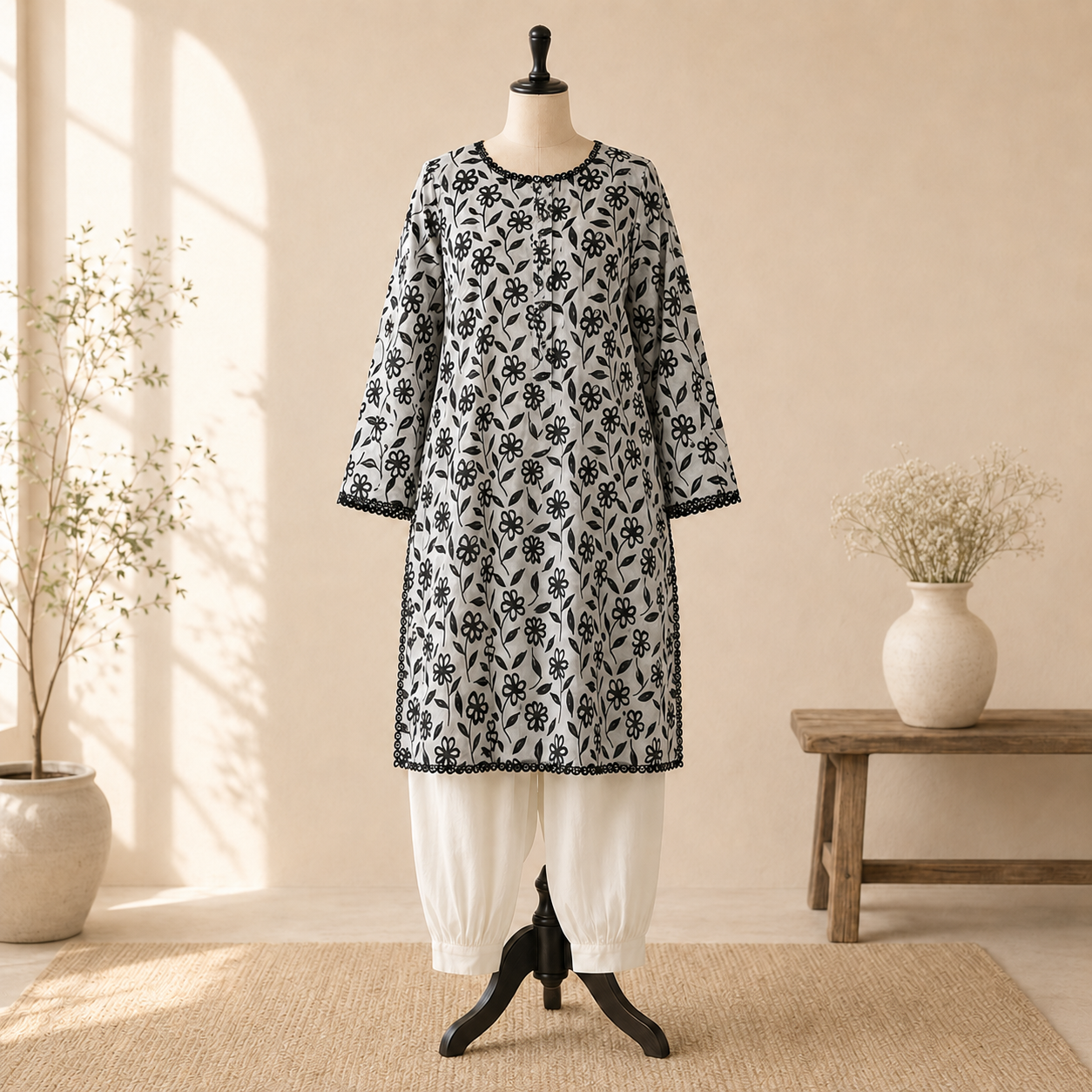 Ivory Noir Floral Suit Set