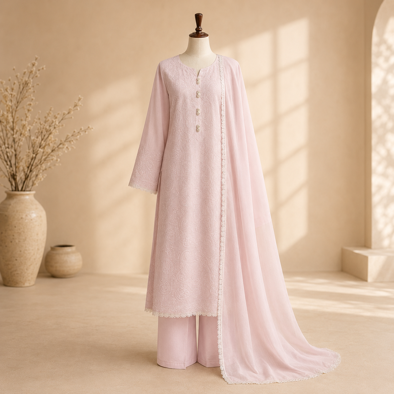 Light Pink Noor Embroidered Suit Set