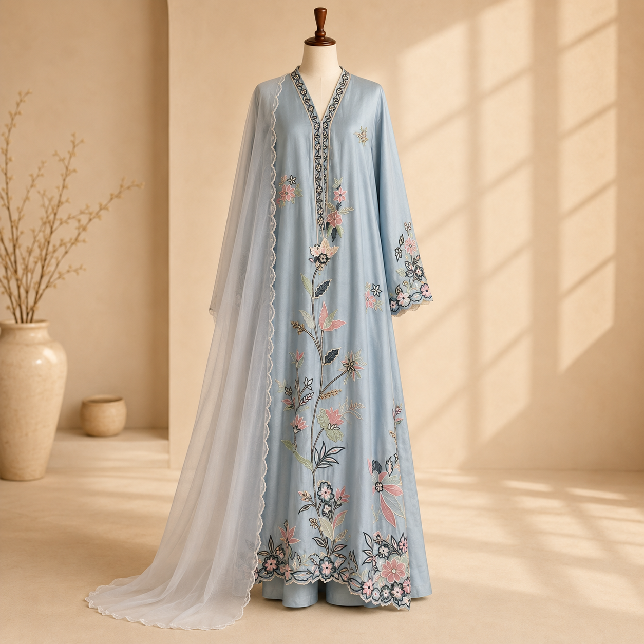 Azure Bloom Embroidered Suit Set
