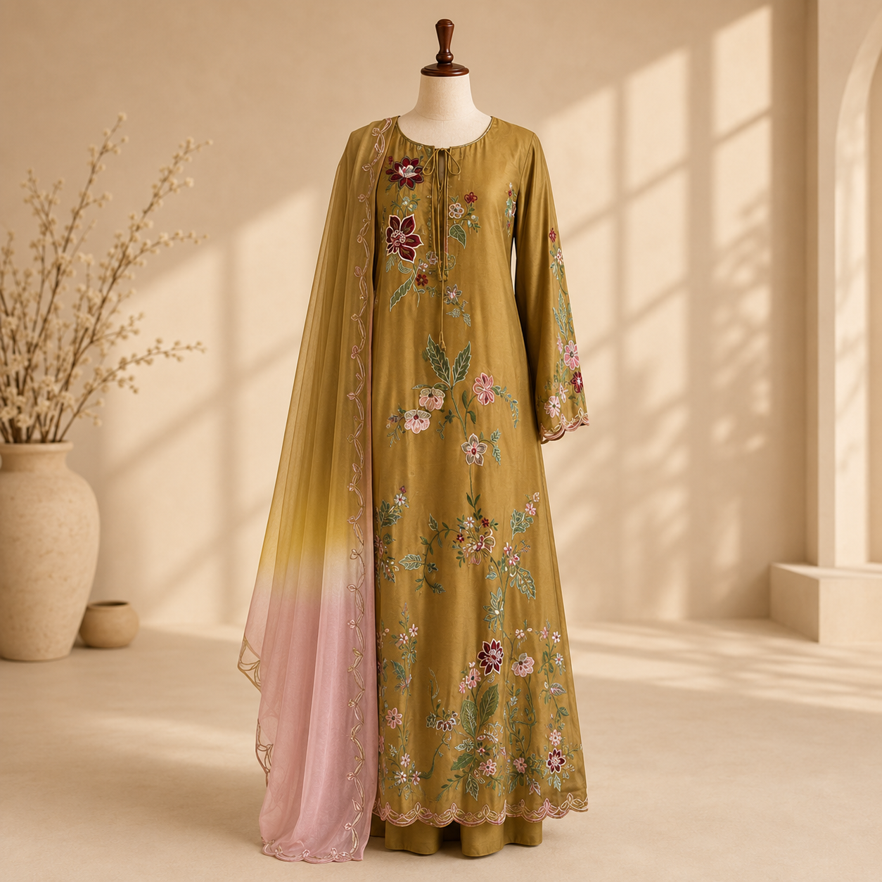 Olive Elara Embroidered Suit Set