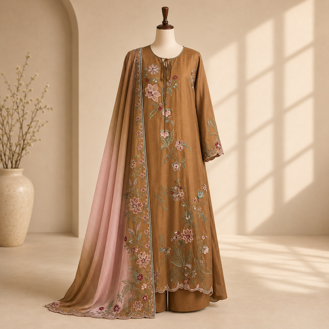 Bronze Floral Embroidered Suit Set