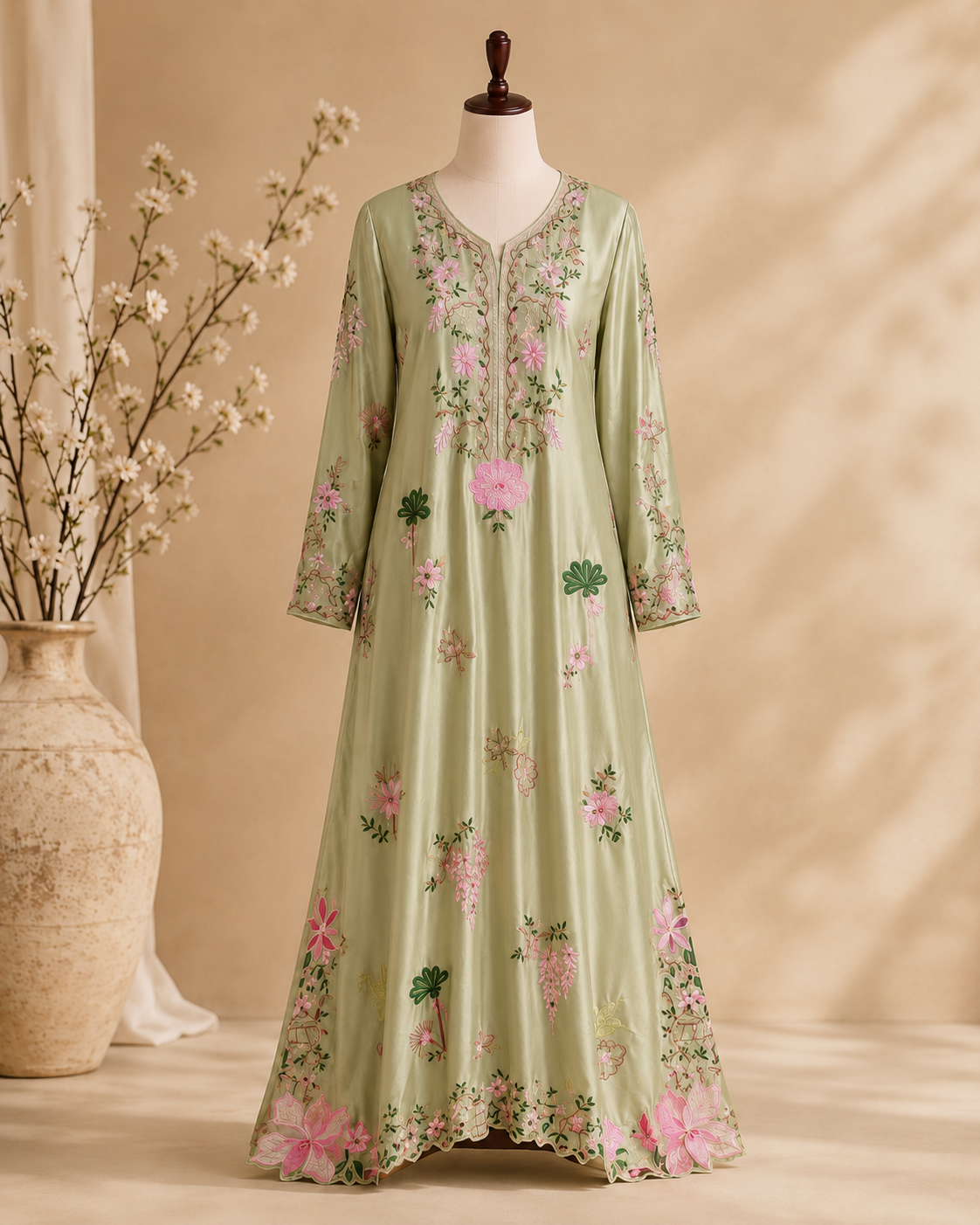 Sage Bloom Embroidered Dress