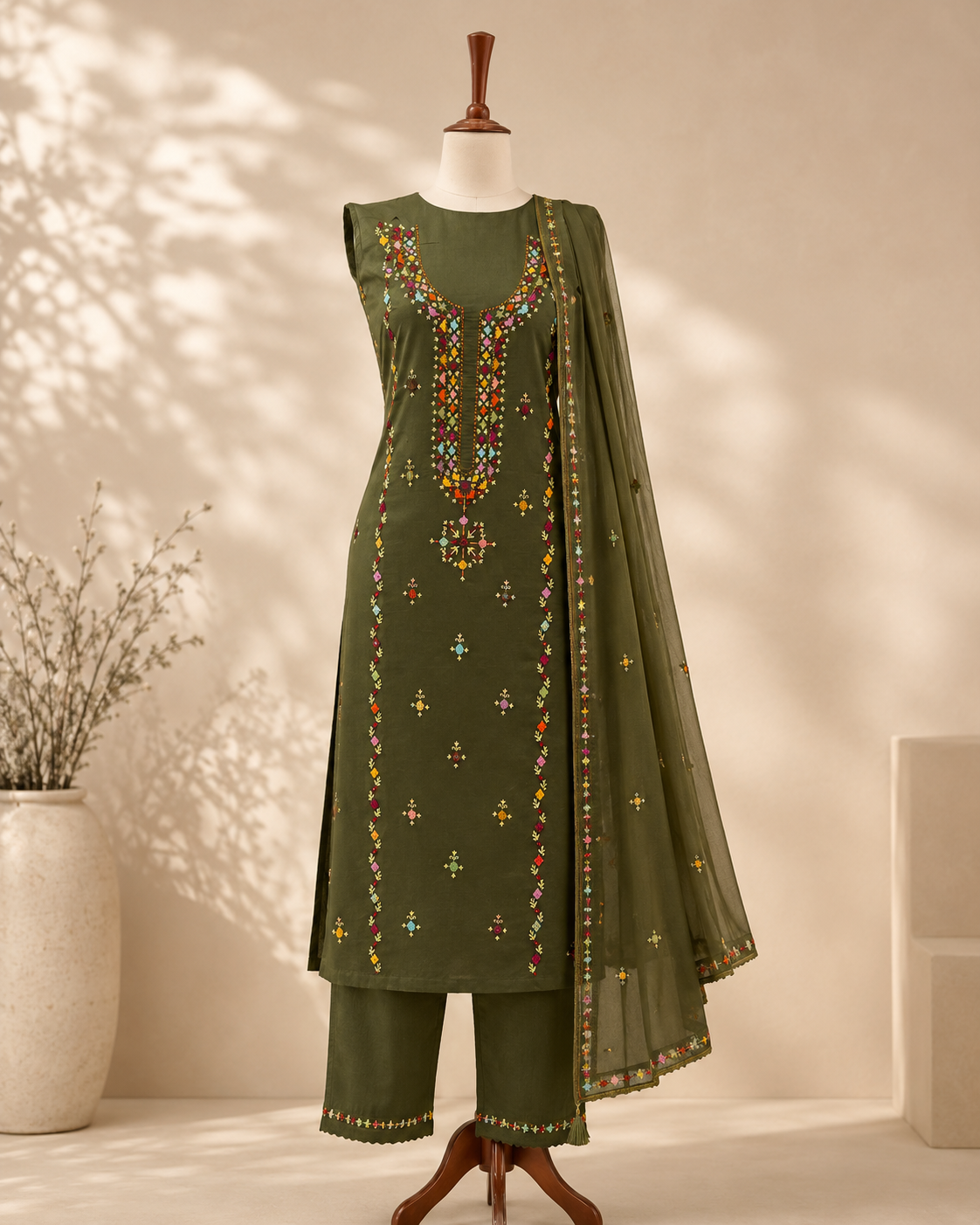 Mehreen Olive Embroidered Suit Set