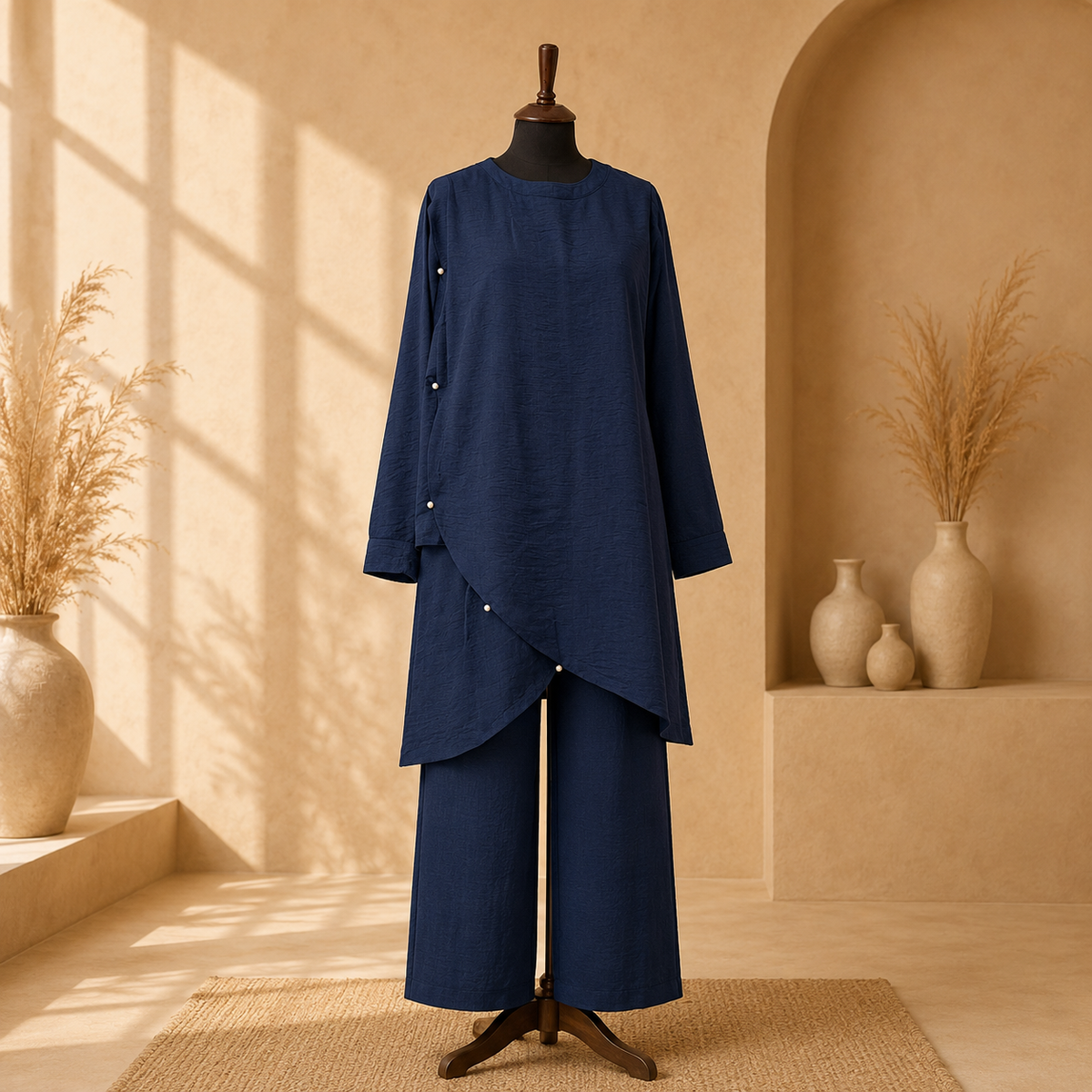 Navy Elara Pearl-Detail 2-Piece Suit Set