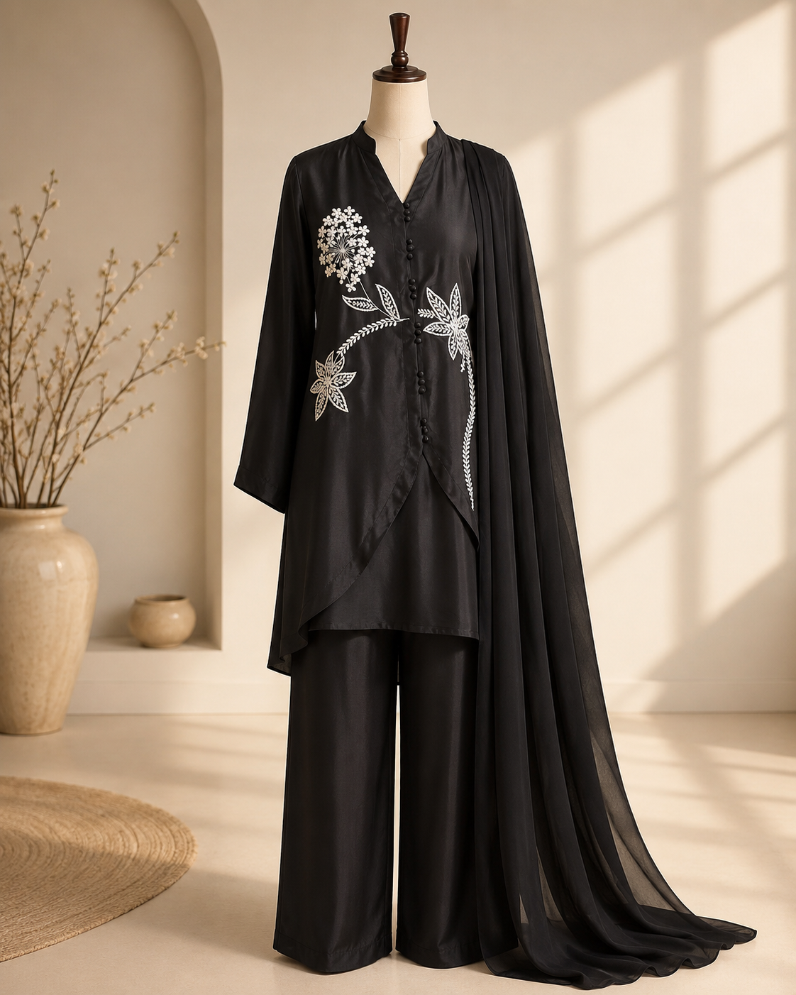 Noir Bloom Embroidered Suit Set