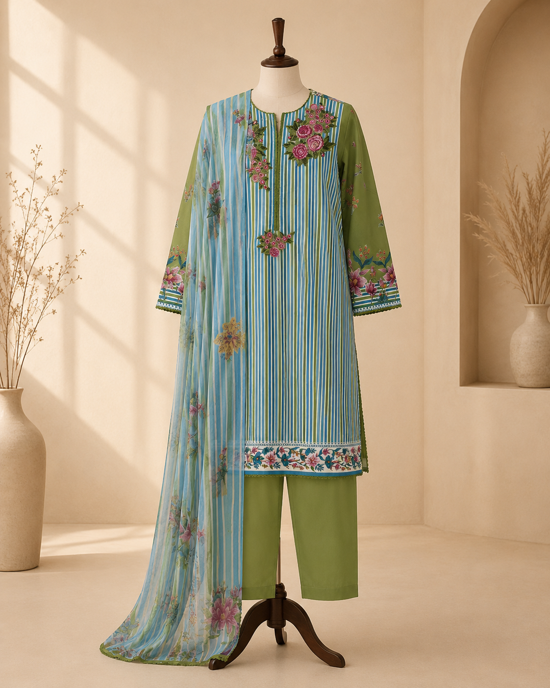Lime Bloom Embroidered 3-Piece Suit Set