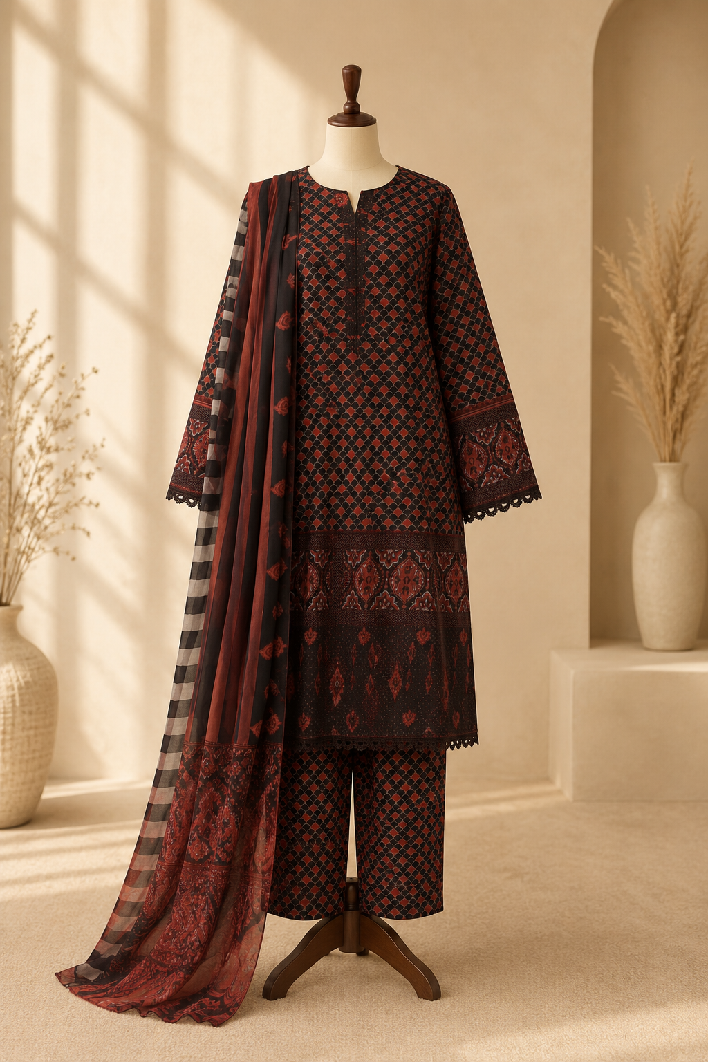 Maroon Mehr Printed 3-Piece Suit Set
