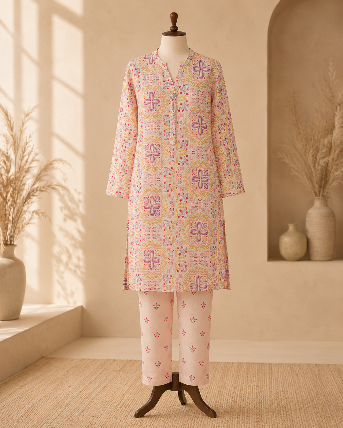 Pastel Gul Printed 2-Piece Suit Set
