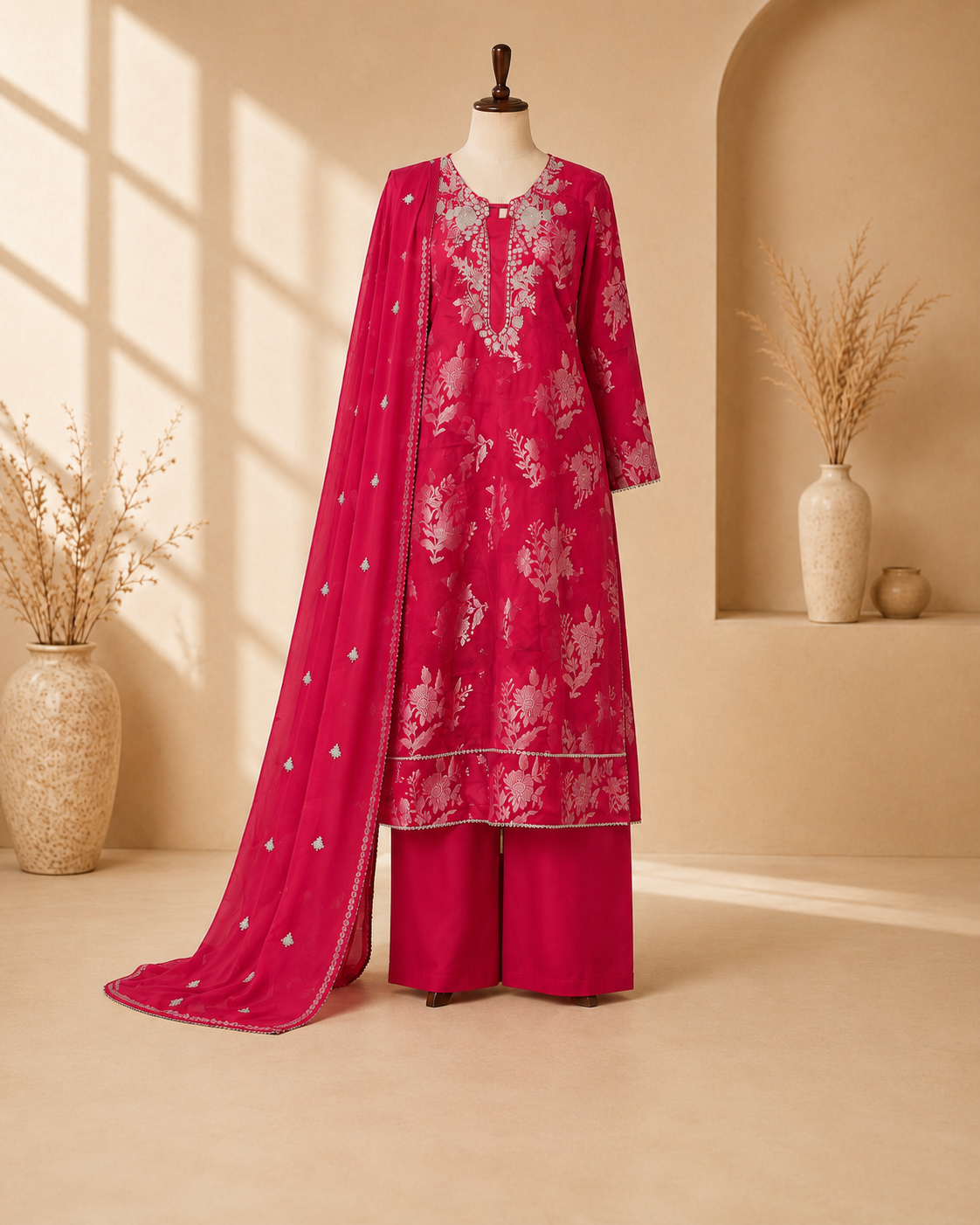 Fuchsia Embroidered 3-Piece Suit Set