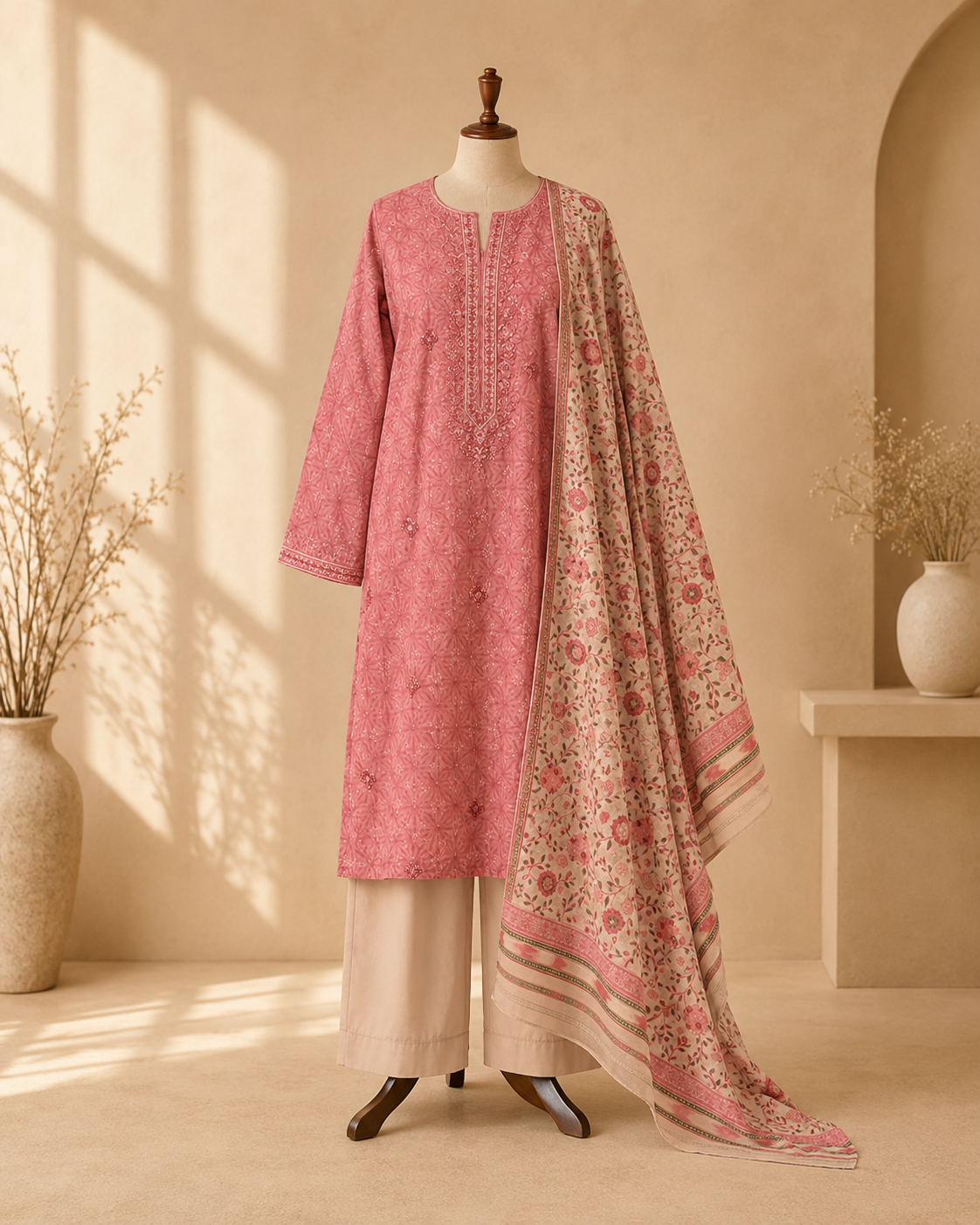 Light Rose Embroidered 3-Piece Suit Set
