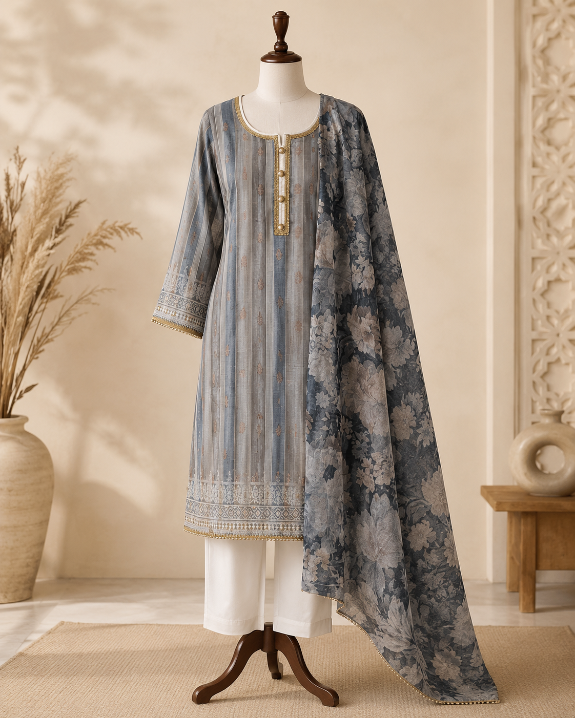 Mist Grey Floral 3-Piece Suit Set