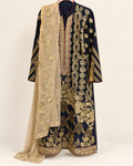 Midnight Noor Gold Embroidered 3-Piece Suit Set in Navy