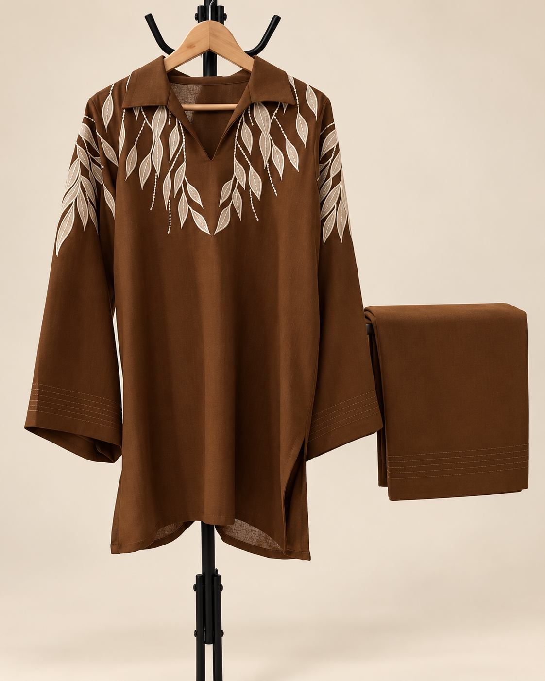 Chocolate Leena Leaf Embroidered 2-Piece Suit Set in Brown