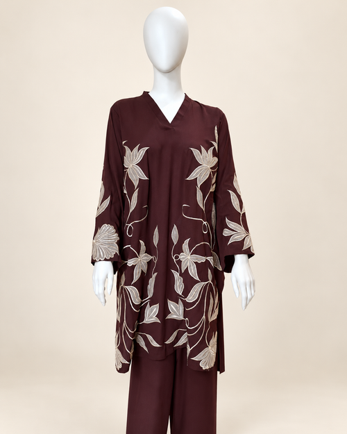 Burgundy Saira Botanical 2-Piece Suit Set in Burgundy