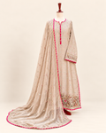 Ivory three-piece suit with pink borders, embroidered motifs and matching sheer dupatta