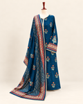 Blue floral three-piece suit with coral and mint borders and matching printed dupatta, shown in full