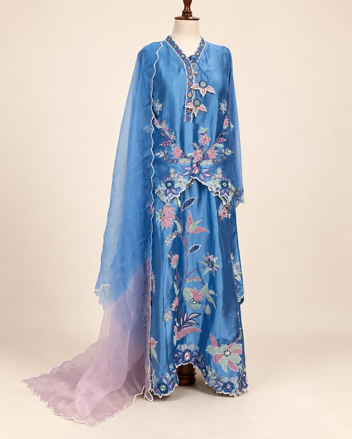 Blue floral embroidered outfit with sheer draped dupatta