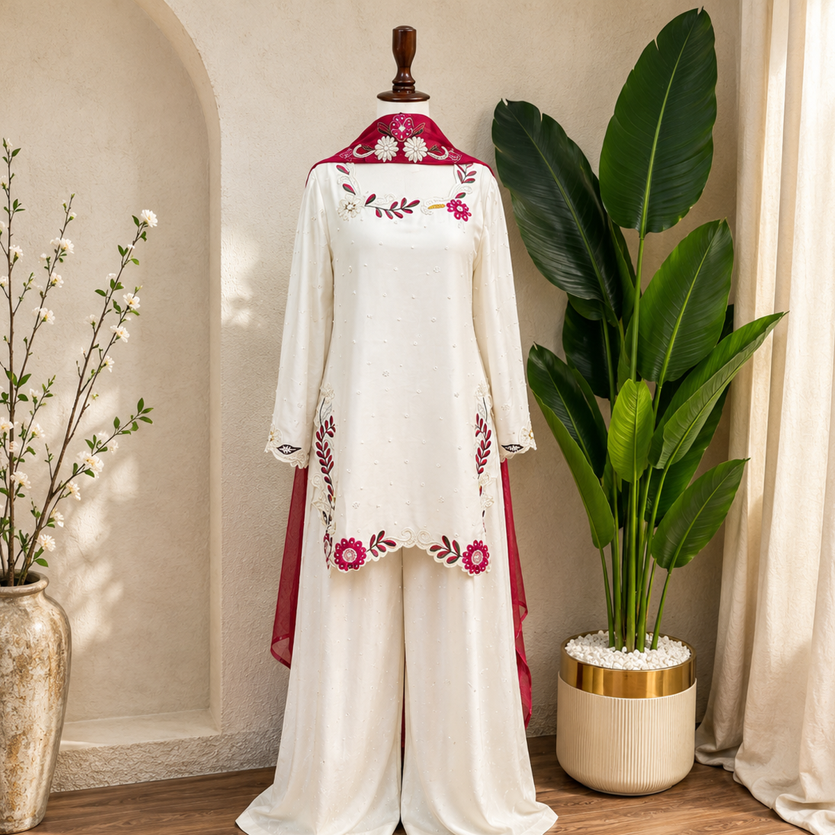 Ivory Fuchsia Bloom 3-Piece Suit Set