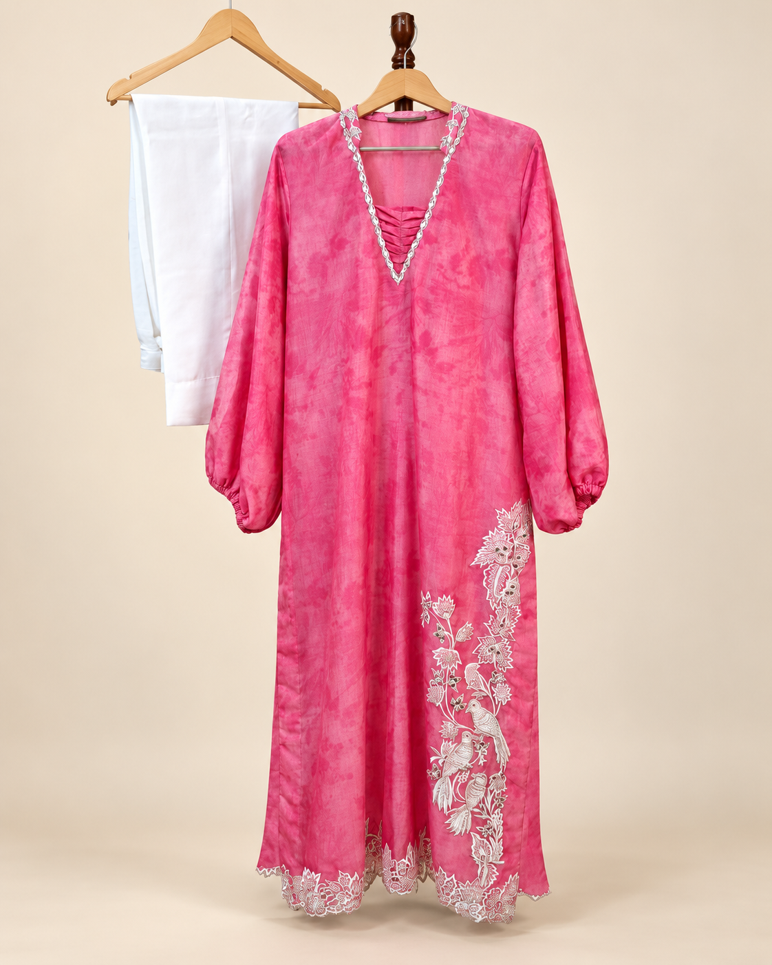 Rose pink tunic with bird and botanical embroidery and white trousers