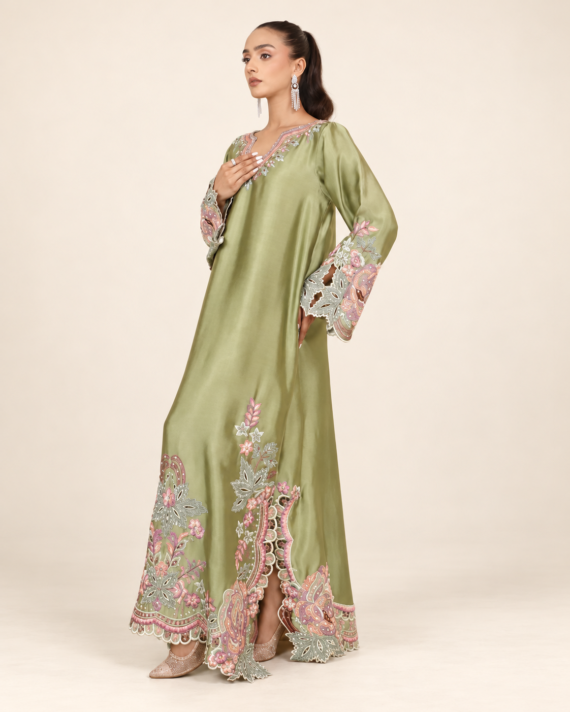Sage green long outfit with pastel floral embroidery and cutwork